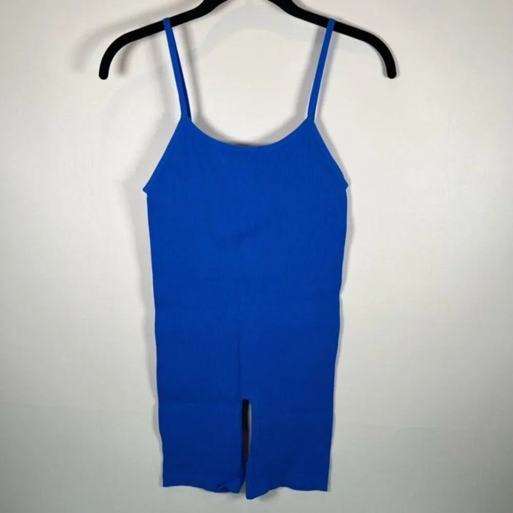 NWT ZARA Ribbed Pull on Stretch Blue Striped Romper Scoop Neck Sleeveless Sz M-L